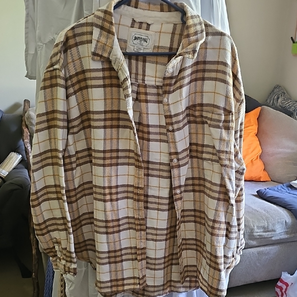 American Eagle Outfitters Plaid Teddy Jacket - Brown and Cream